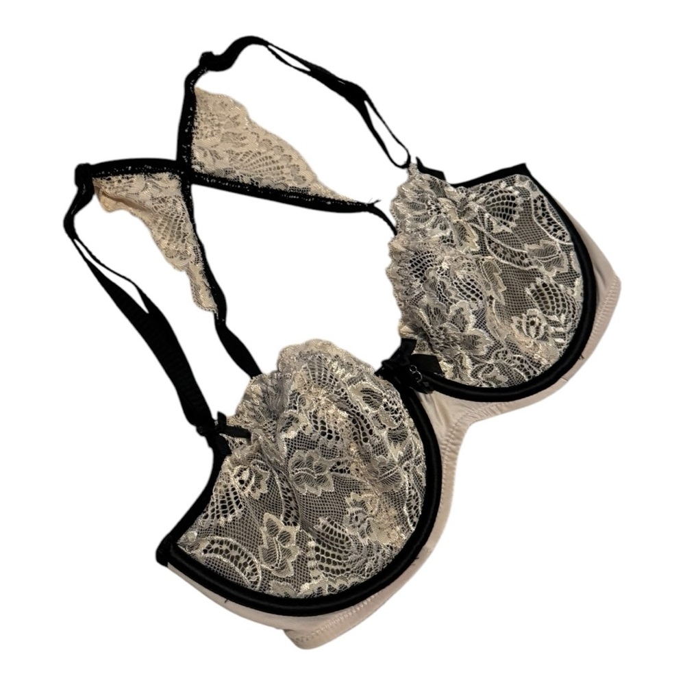 Charade Balconette Bra Sheer Lace 30F Black Nude Underwire Unpadded Sexy Pinup